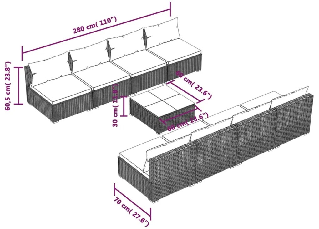 Set mobilier de gradina cu perne, 9 piese, maro, poliratan maro si verde, 8x mijloc + masa, 1