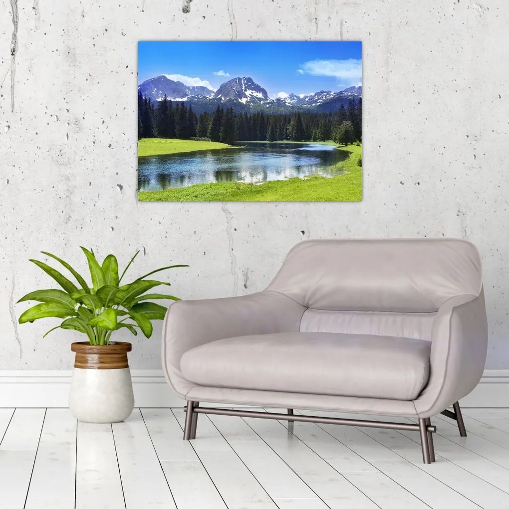 Tablou pe sticlă - vâfurile montane înzăpezite (70x50 cm)