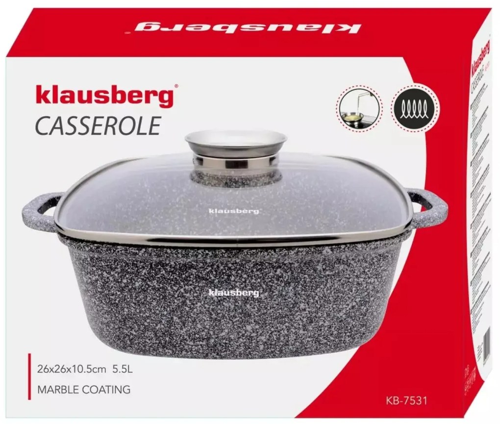 Oală pătrată cu capac 26x26 cm, 5.5L – Klausberg KB 7531, strat marmură, pentru toate plitele, aspect modern gri
