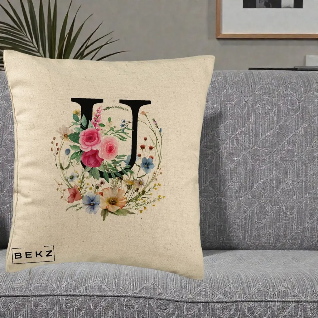Cadou Personalizat - Perna Personalizata Monogram Litera U cu Flori Acuarela, 40x40 cm, Bej, Husa Detasabila, Perna Inclusa, BEKZ®