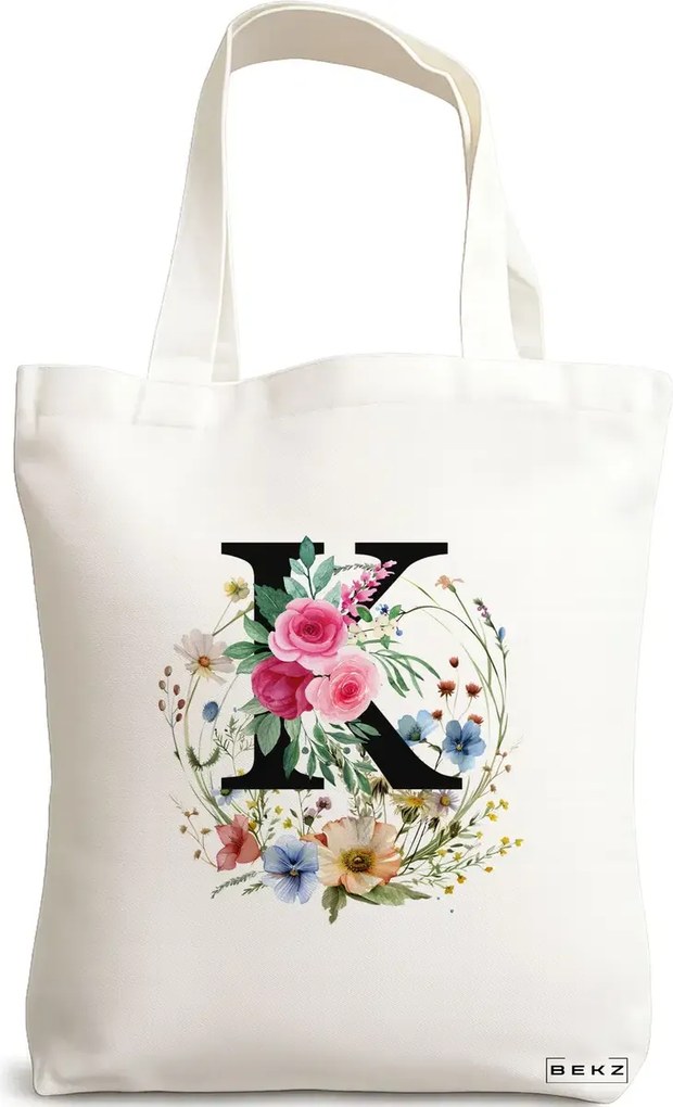 Sacosa de Panza pentru Cumparaturi, Geanta Tote, Cu litera K in Coronita Florala, 38x34.5 cm, Alba, BEKZ®