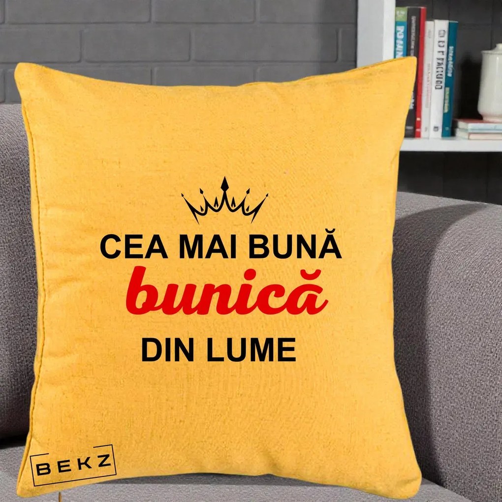 Cadou pentru Bunica - Perna Personalizata Cea Mai Buna Bunica Din Lume Coroana Neagra, 40x40 cm, Galben, Husa Detasabila, Perna Inclusa, BEKZ®