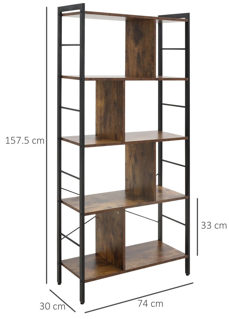 HOMCOM Bibliotecă etajeră de depozitare cu 5 nivele și compartimente deschise 74 x 30 x 157,5 cm brun rustic și negru | Aosom Romania