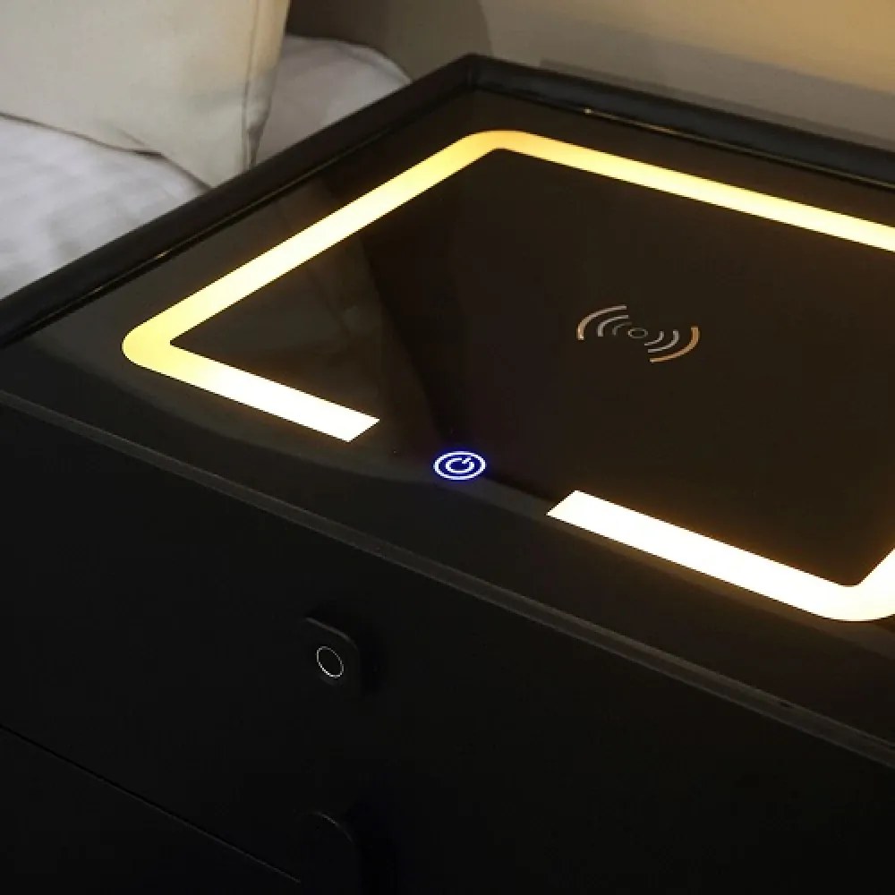 Noptiera inteligenta multifunctionala, iluminare LED tactil, blocare amprentă, incarcare wireless si USB, difuzor Bluetooth, catifea, Negru