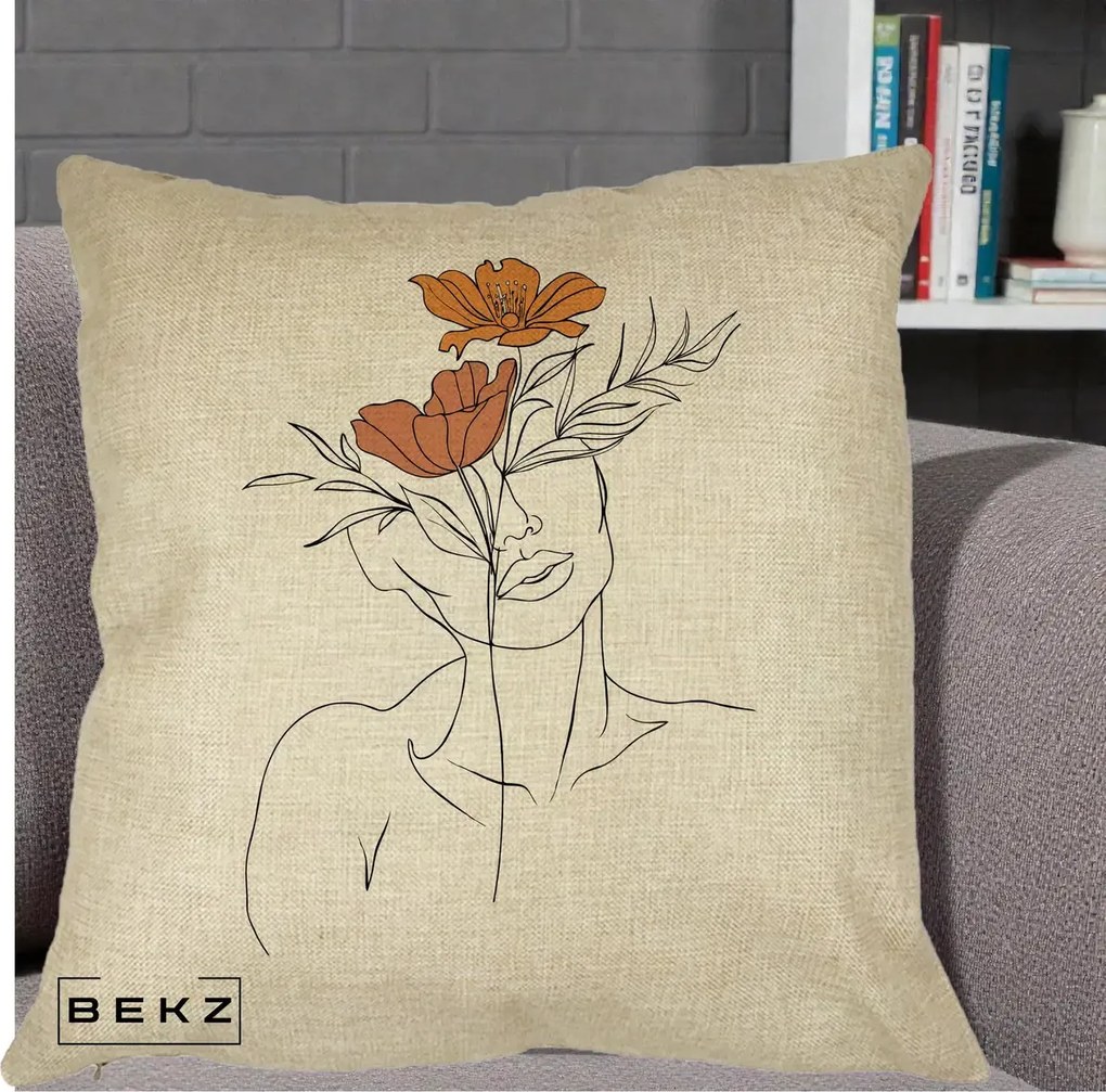 Perna Decorativa Portret Feminin Doua Flori, 40x40 cm, Crem, Husa Detasabila, Perna Inclusa, BEKZ®