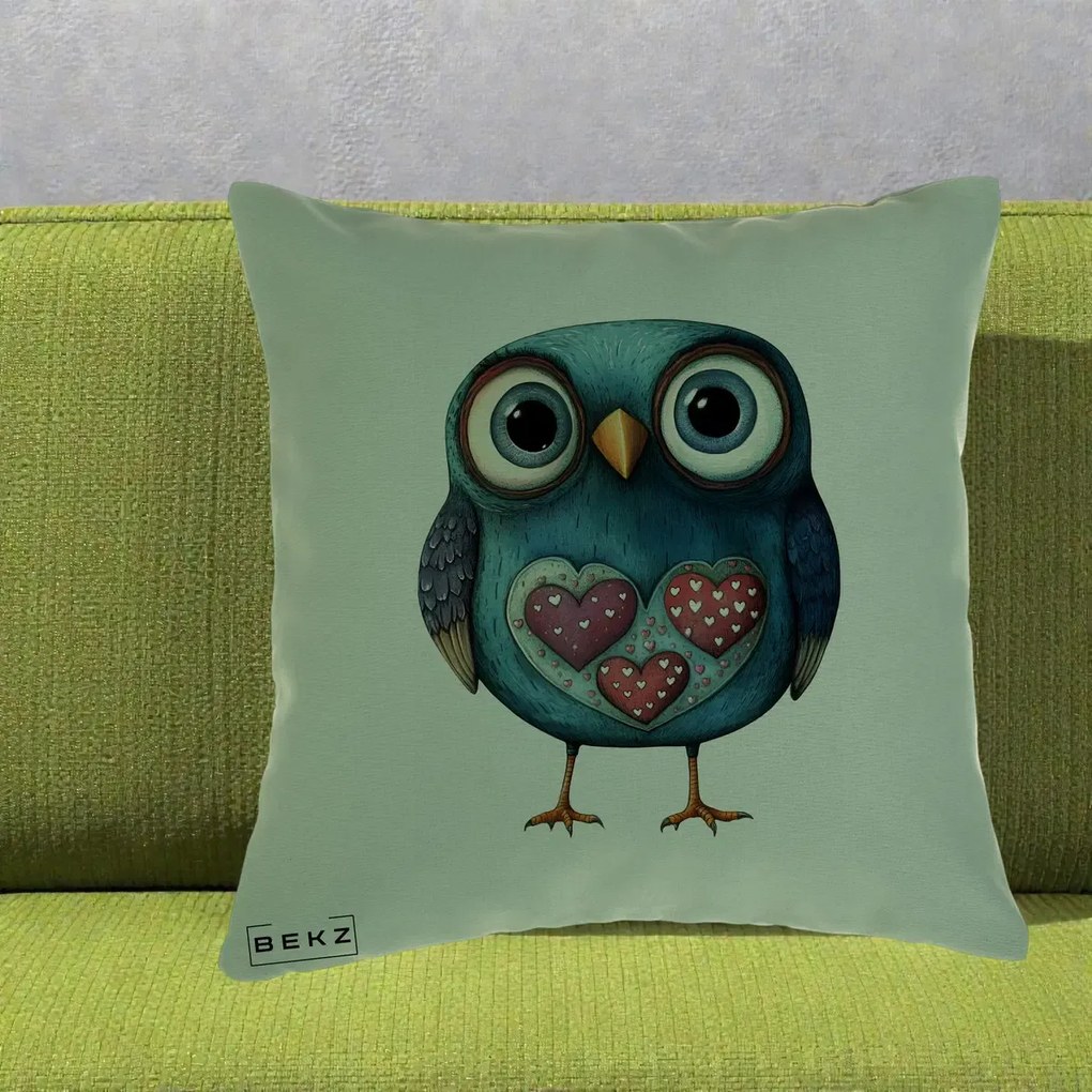 Perna Decorativa Bufnita Teal cu Doua Inimi, 40x40 cm, Verde, Husa Detasabila, Perna Inclusa, BEKZ®