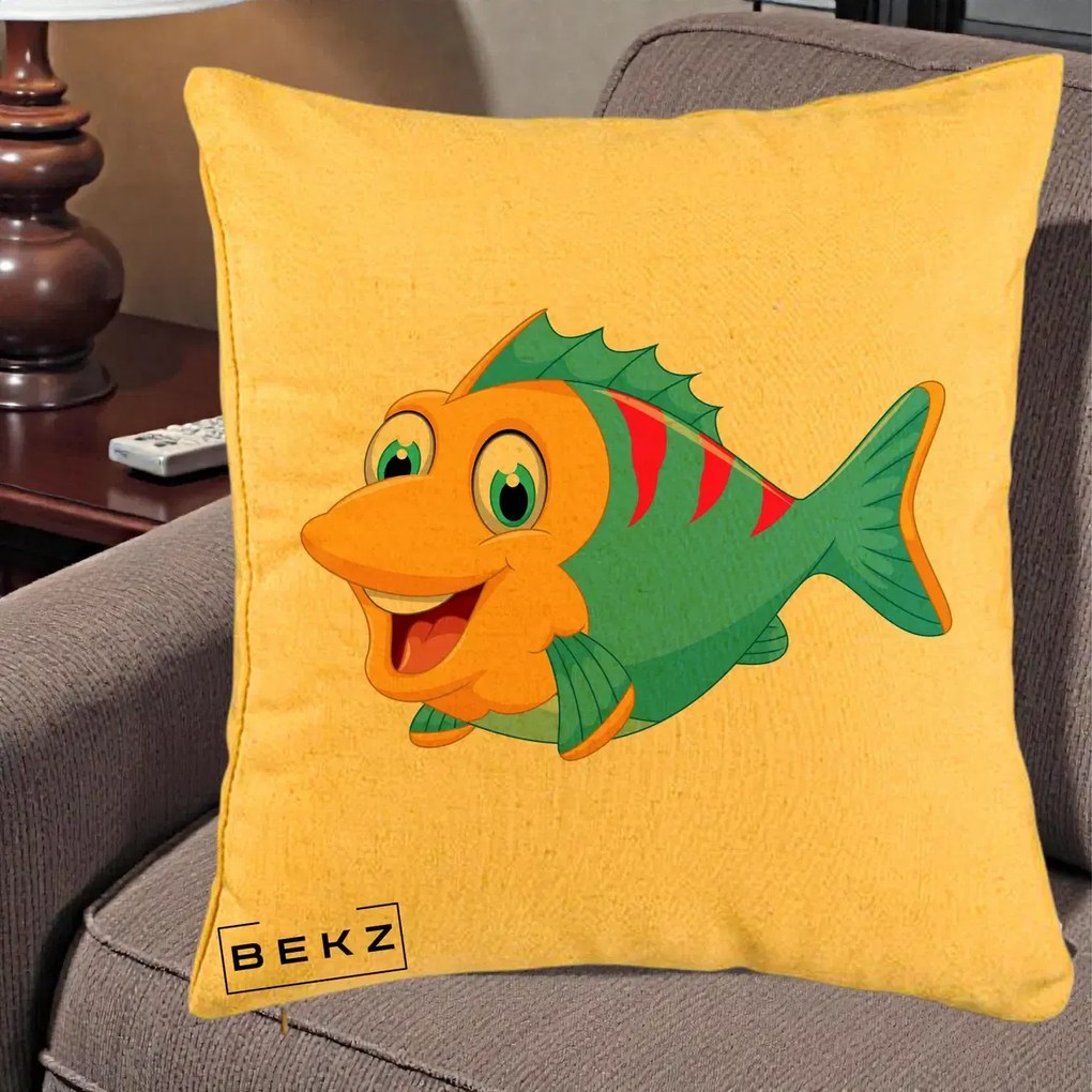Perna Decorativa Peste Vesel Cartoon, 40x40 cm, Galben, Husa Detasabila, Perna Inclusa, BEKZ®