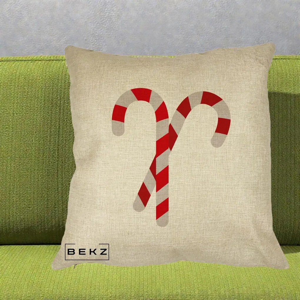 Perna Decorativa Candy Cane de Craciun, 40x40 cm, Crem, Husa Detasabila, Perna Inclusa, BEKZ®