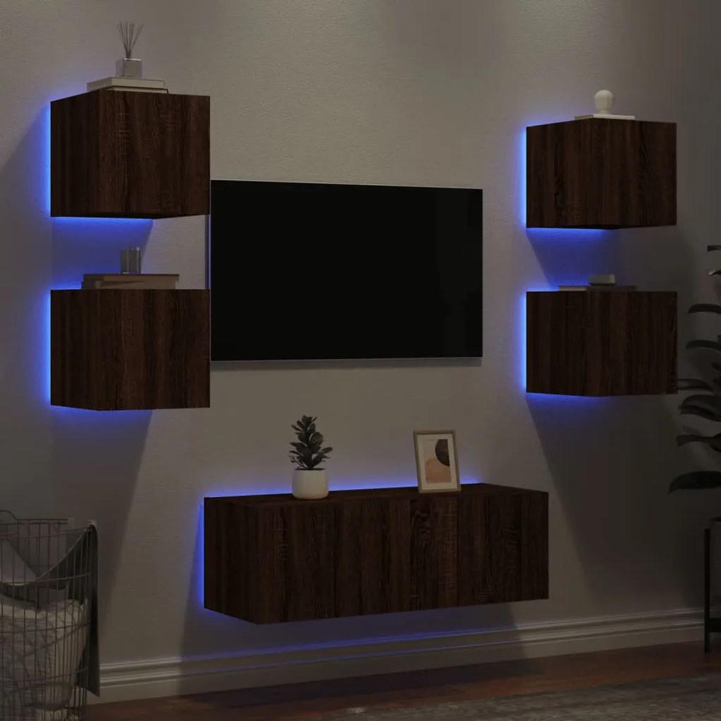 vidaXL Unități de perete TV cu LED-uri, 6 piese, stejar maro, lemn
