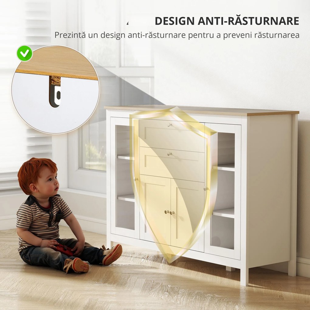 HOMCOM Comodă de Bucătărie, Mobilier de Bucătărie cu 2 Sertare, 3 Dulapuri, Blat de Lucru din Caucciuc, Bufet cu Uși din Sticlă, Rafturi Ajustabile, pentru Sufragerie, 120x40x90cm, Alb | Aosom Romania