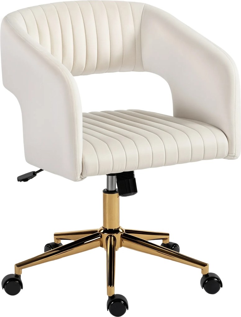 HOMCOM Scaun de birou pe roți cu tapițerie din catifea, scaun de birou reglabil pe înălțime, funcție de înclinare, Alb crem | Aosom Romania