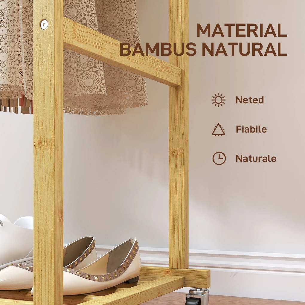 HOMCOM Suport pentru haine cu 2 bare, raft inferior și 4 roți din bambus, 80x40x160 cm, lemn natural | Aosom Romania