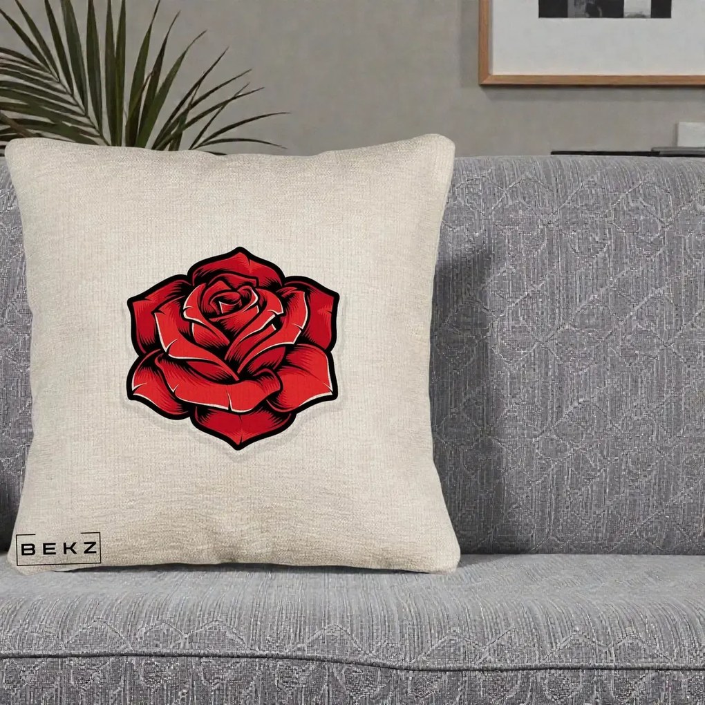 Perna Decorativa Trandafir Rosu Tattoo, 40x40 cm, Bej Canapea, Husa Detasabila, Perna Inclusa, BEKZ®