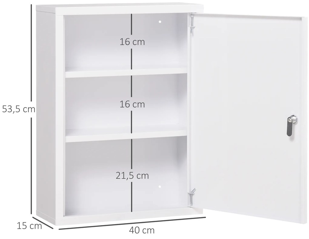 kleankin Dulap de medicamente, 3 rafturi, ușă blocabilă, carcasă de oțel stabilă, alb, 40 x 15 x 53,5 cm | Aosom Romania