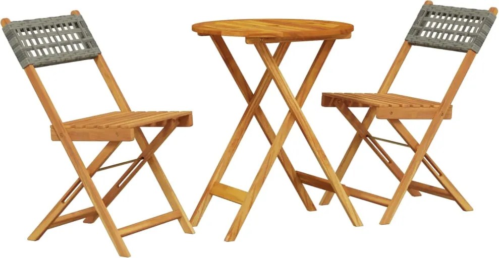 vidaXL Set bistro de grădină, 3 piese, gri, poliratan și lemn masiv