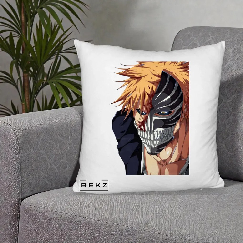 Perna Personalizata Bleach Ichigo Masca Hollow, 40x40 cm, Alb Pufos, Husa Detasabila, Perna Inclusa, BEKZ®