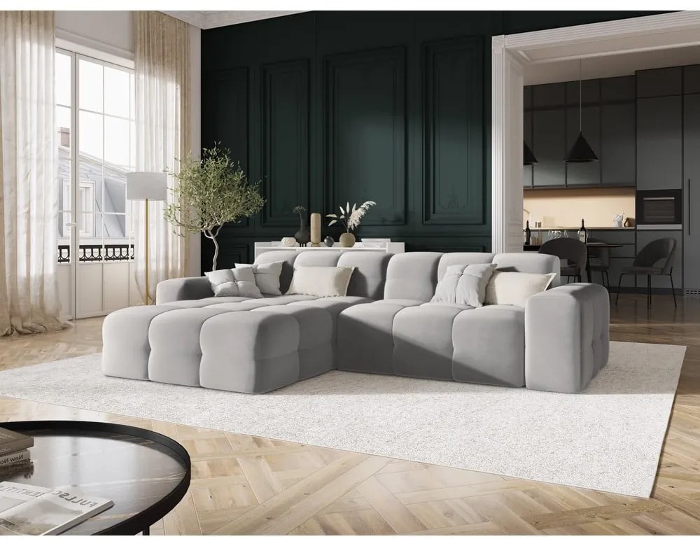 Colțar gri deschis cu tapițerie din catifea (pe partea stângă) Kendal – Micadoni Home