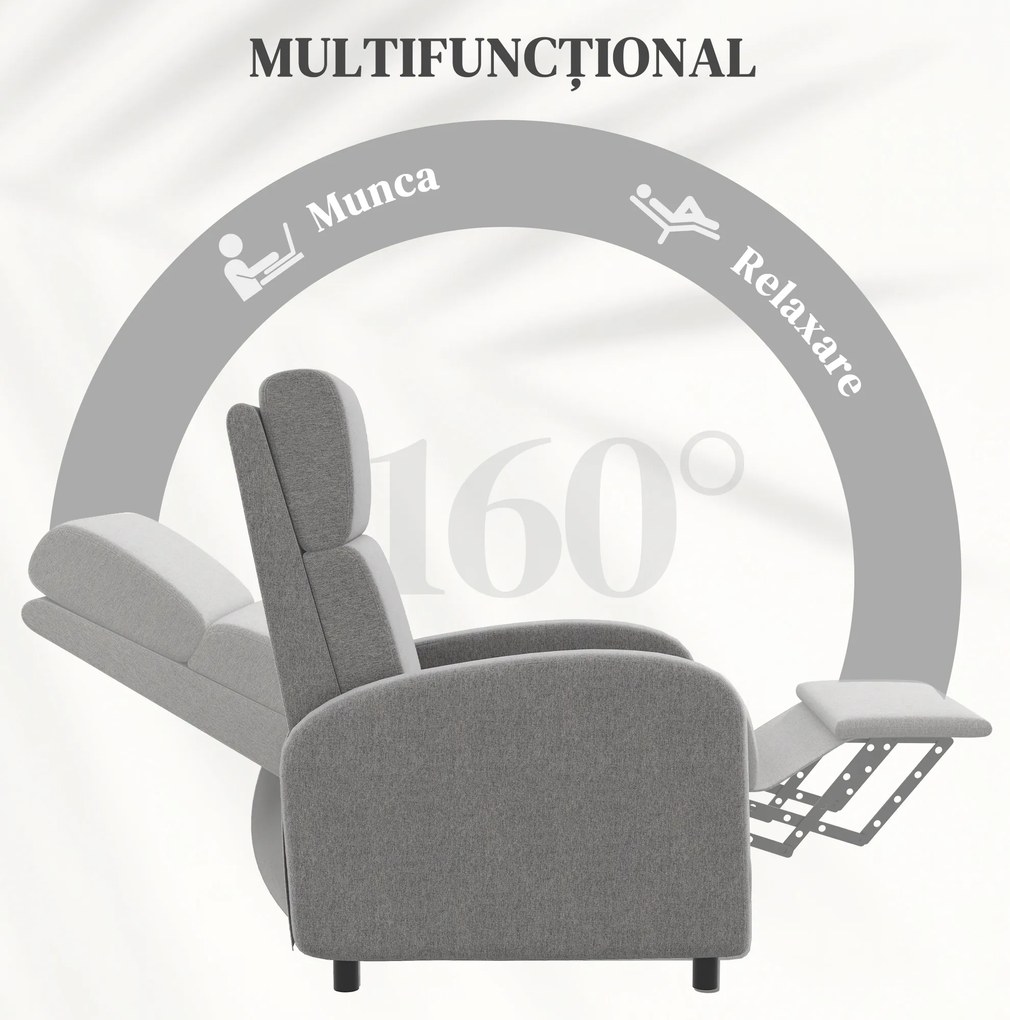 HOMCOM Scaun Inclinabil Modern, Canapea Single din Pânză, Scaune de Teatru pentru Acasă, Confortabil, Gri | Aosom Romania