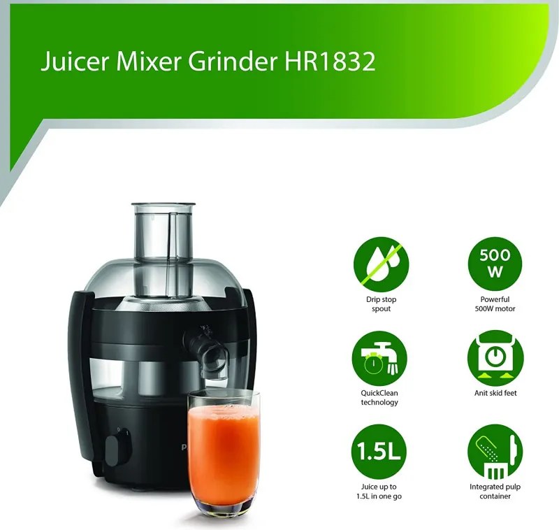 Resigilat: Storcator de fructe Philips HR1832/00, 500 W, 1,5 l, QuickClean, Fara picurare, Negru