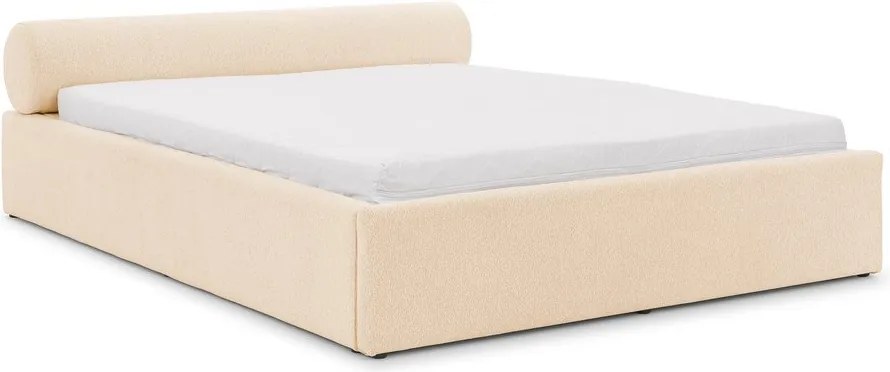 Pat matrimonial crem tapițat cu spațiu de depozitare cu somieră 140x200 cm Cille – Ropez