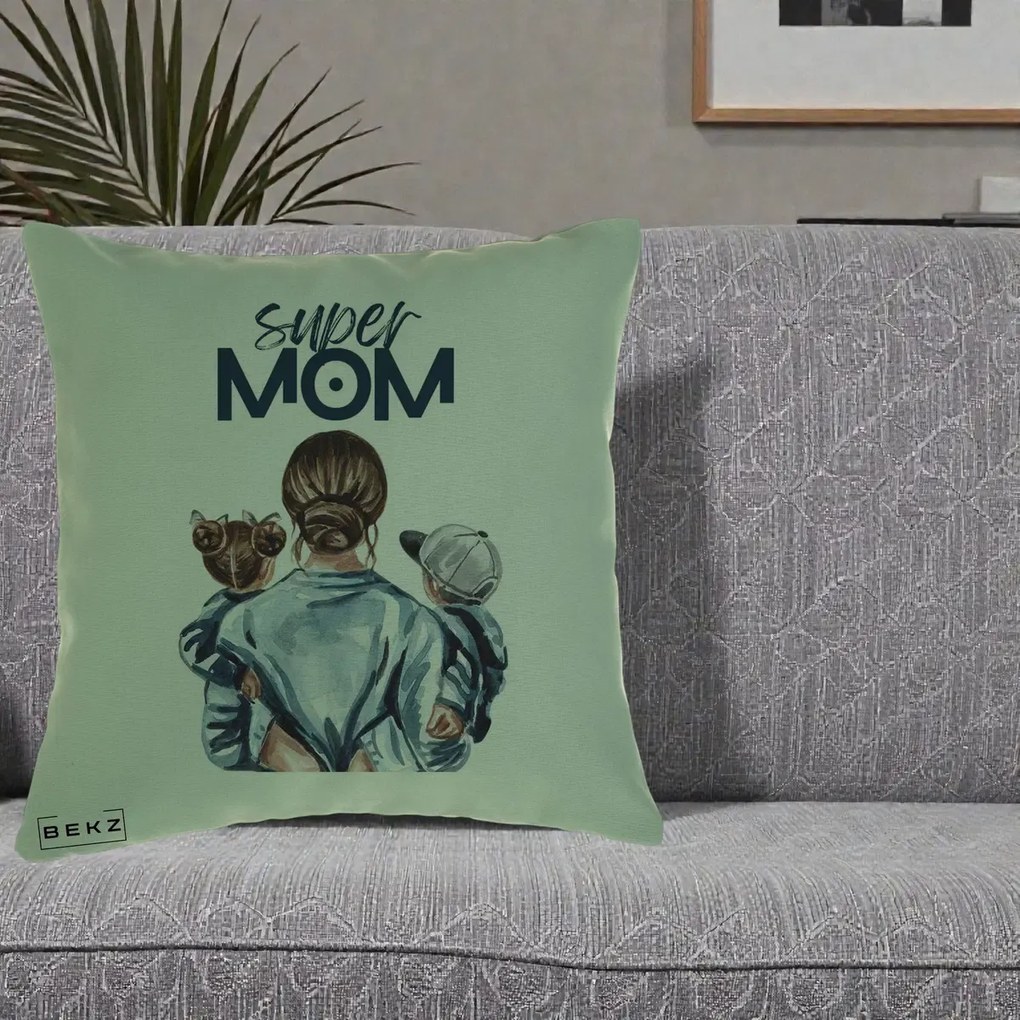 Cadou pentru Mama - Perna Personalizata Super Mom, 40x40 cm, Verde, Husa Detasabila, Perna Inclusa, BEKZ®
