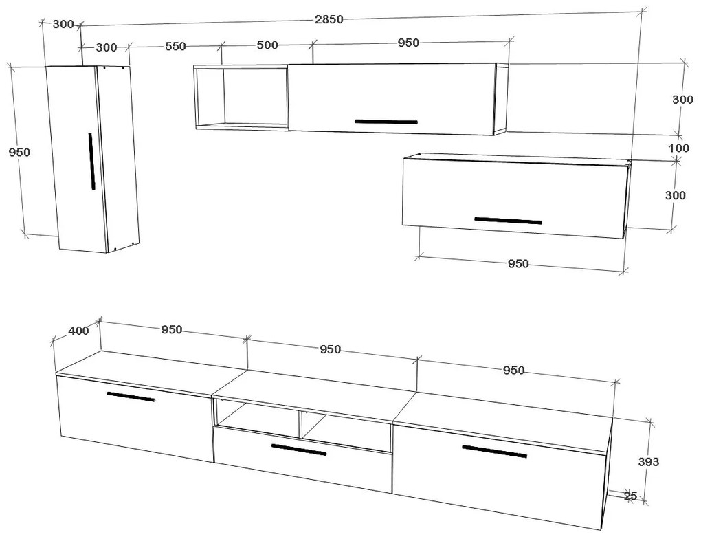 Living haaus V19, Negru/Alb Lucios, MDF, L 285 cm