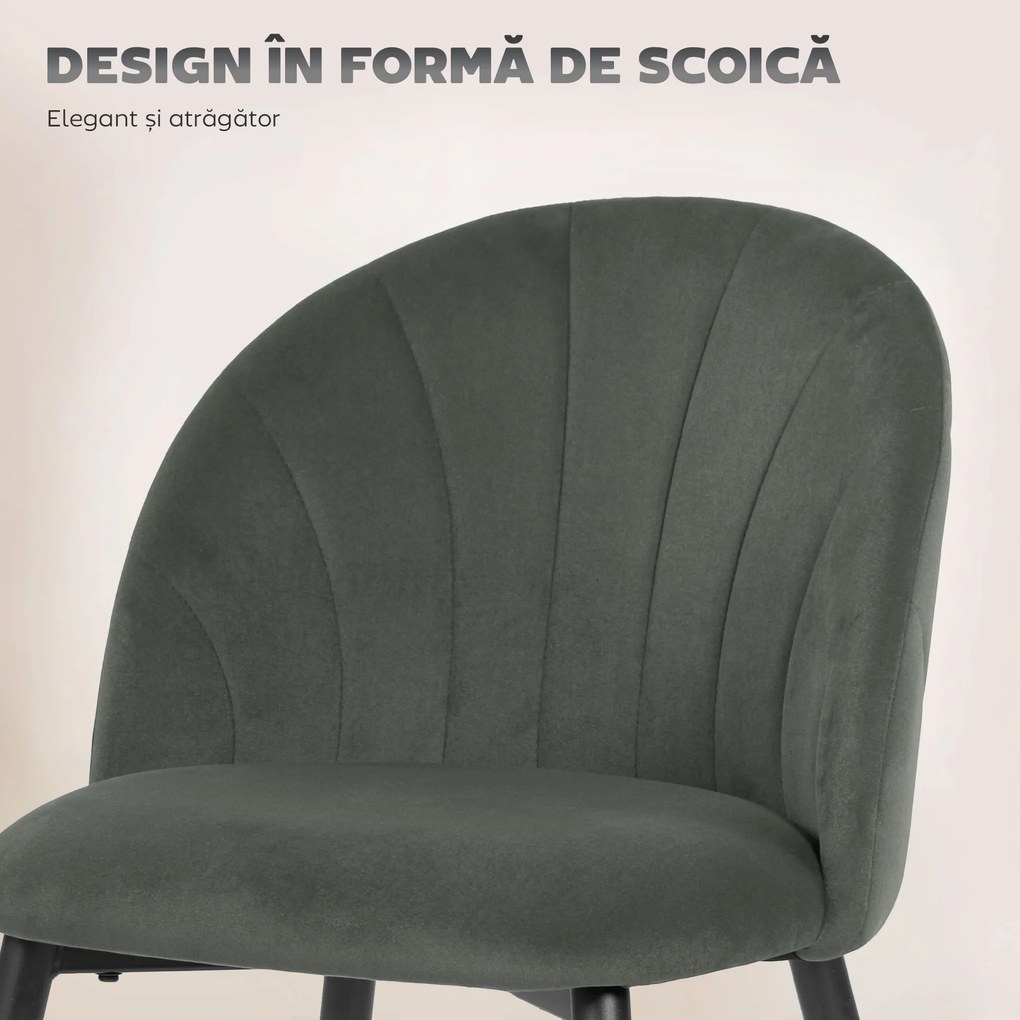 HOMCOM Set de 2 Scaune de Sufragerie din Catifea, Scaune de Bucătărie cu Spătar Curbat în Formă de Scoică, Picioare din Oțel, Stil Nordic, Scaune Tapițate pentru Bucătărie, Dormitor, Living, Gri | Aosom Romania