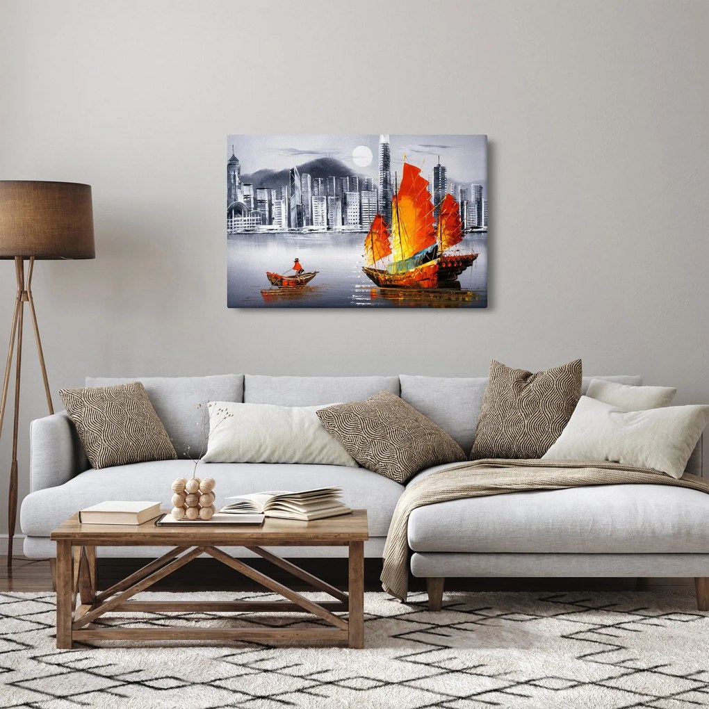 Tablou - Victoria Harbour, Hong Kong, pictură în ulei alb- negru (90x60 cm)