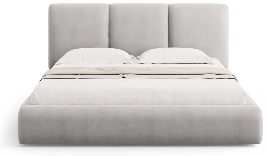 Pat matrimonial gri deschis tapițat cu spațiu de depozitare și somieră 200x200 cm Brody – Mazzini Beds
