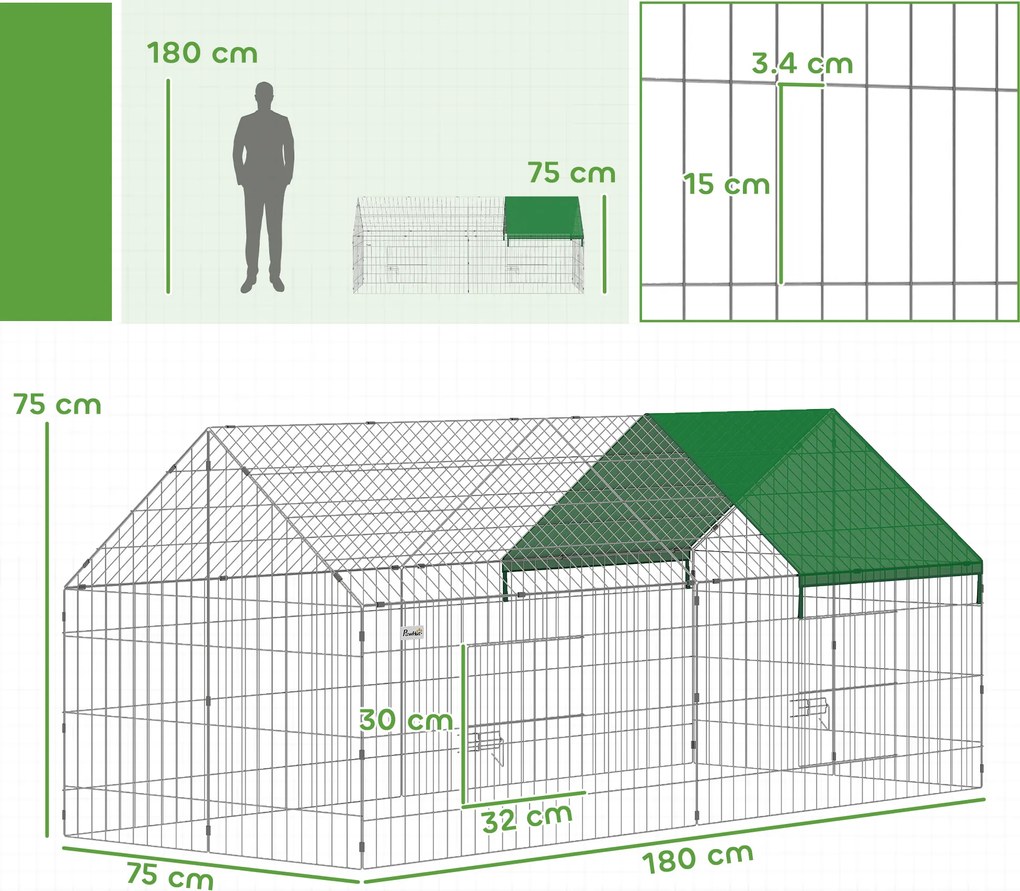PawHut Cușcă pentru Iepuri și Găini de Exterior și Interior cu Protecție Solară și Grilaj Metalic, pentru Animale Mici, Rațe, Găini, 180x75x75 cm, Verde | Aosom Romania