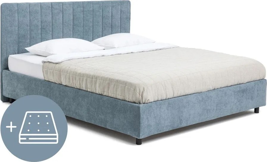 Pat dublu tapițat albastru cu spațiu de depozitare cu saltea/ somieră 180x200 cm Myra Slim Line - Bonami Selection