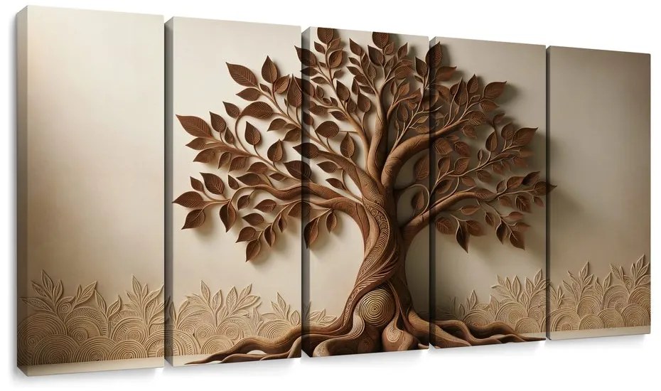 Tablou 5-piese arborele vieții maro cu efect 3D