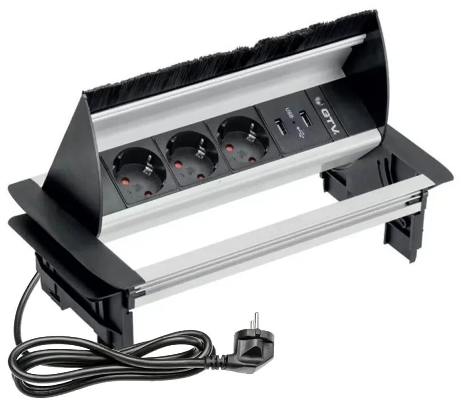 Priza incastrabila dreptunghiulara cu perii, 3 prize schuko + 2 USB 5V 2.1A, cablu 1.5m, aluminiu, GTV