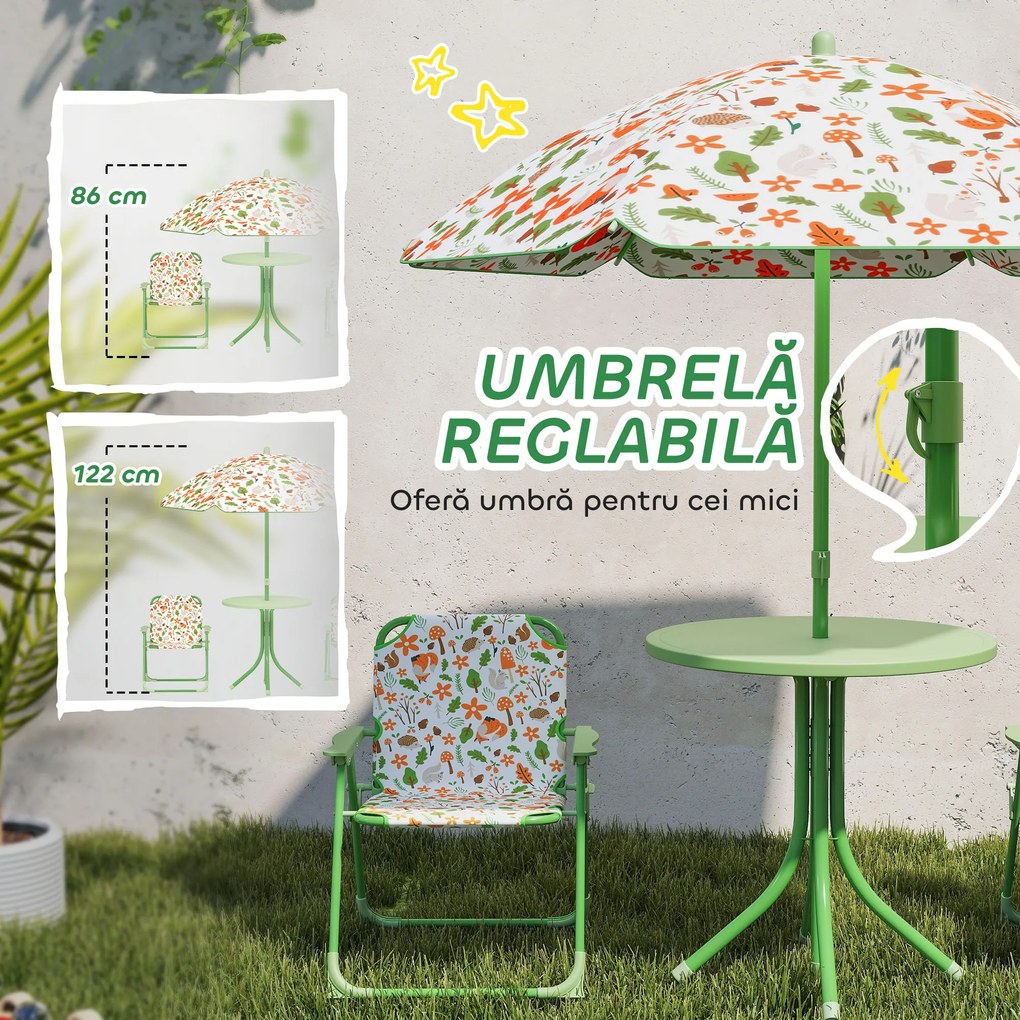 AIYAPLAY Set de Mobilier de Grădină din 4 Piese cu Masă, Scaune și Umbrelă de Soare Reglabilă, 50xΦ49,5 cm, Verde | Aosom Romania