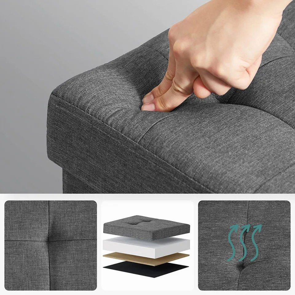 Taburet cu capac si spatiu depozitare, textil / MDF, gri, Songmics
