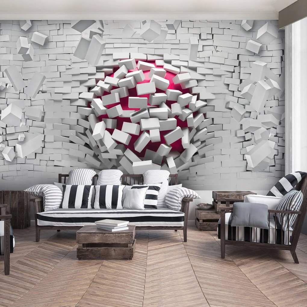 Fototapet - 3D minge cu perete alb din cărămizi (152,5x104 cm)