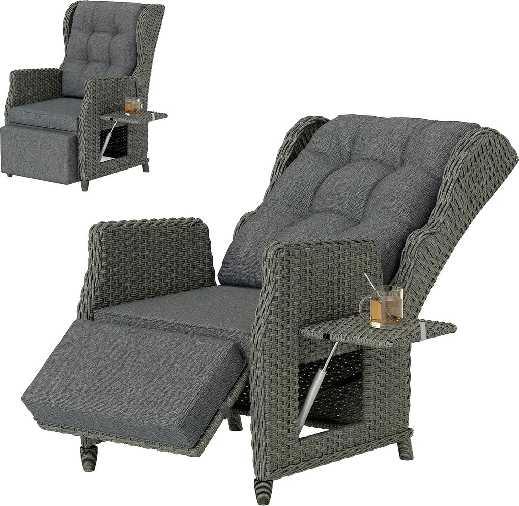 Outsunny Scaun ratan cu masă rabatabilă, șezlong scaun de grădină spătar reglabil și suport pentru picioare 81 x 58 x 98,5 cm Gri închis | Aosom Romania