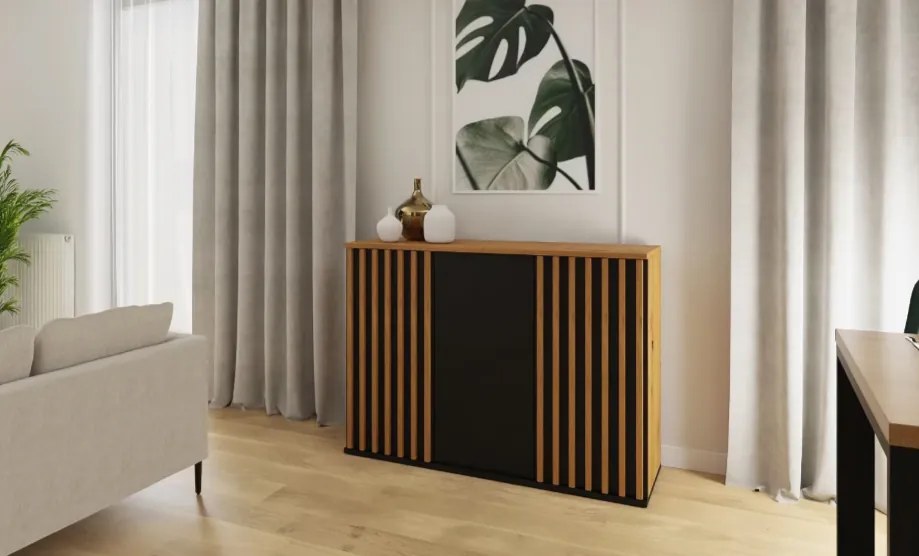 Comoda moderna cu 3 usi, model riflaj, negru stejar artisan, 120x88x44 cm, Bortis impex 120 cm, 44 cm, 88cm, stejar artisan/negru mat