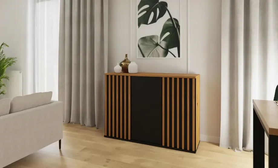 Comoda moderna cu 3 usi, model riflaj, negru stejar artisan, 120x88x44 cm, Bortis impex 120 cm, 44 cm, 88cm, stejar artisan/negru mat