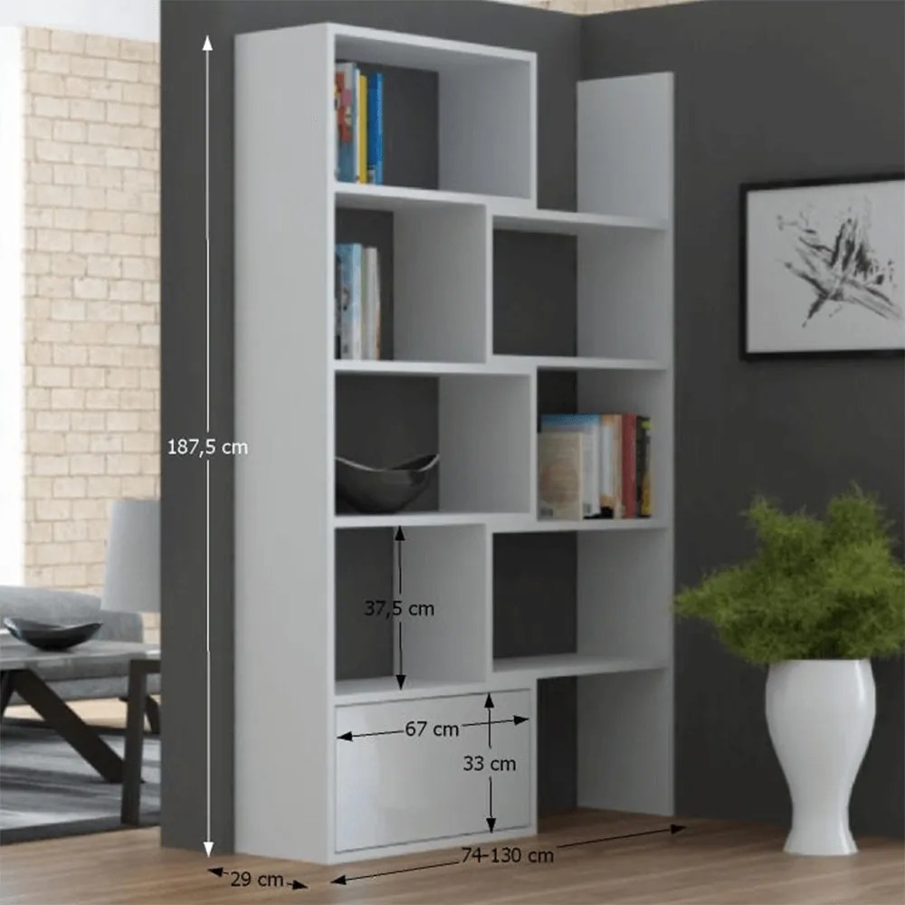 RAA601 - Rafturi colt, 130 cm, biblioteca pentru birou, dulap hol, living - Alb