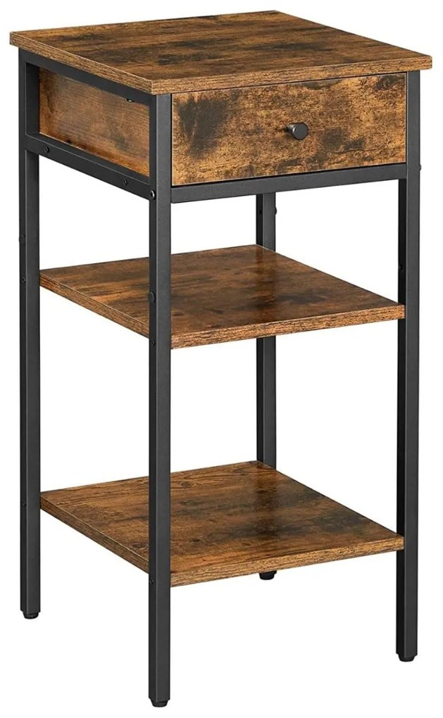 Noptiera cu sertar si 2 rafturi depozitare, rustic maro si negru