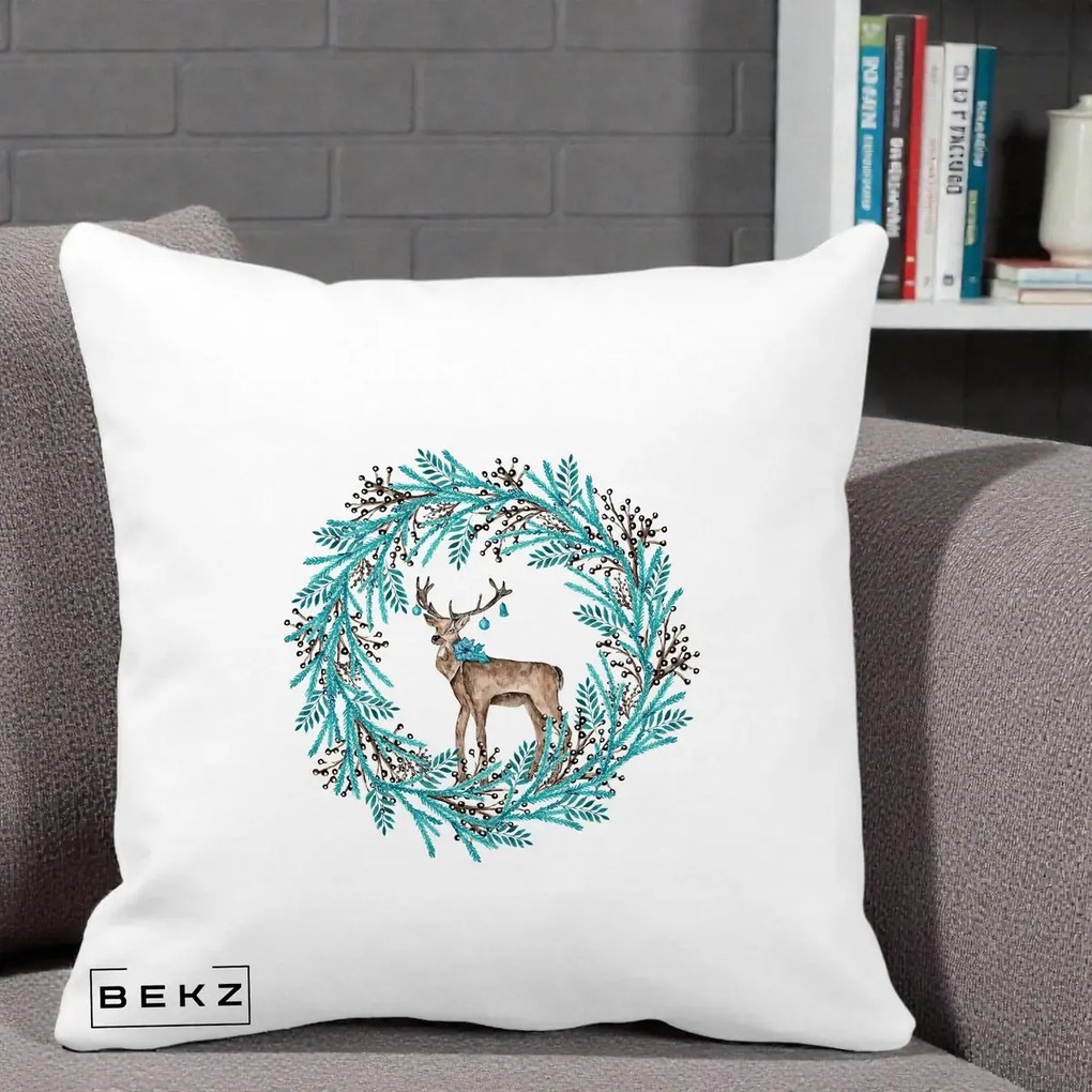 Perna Decorativa Coroana Turcoaz cu Ren, 40x40 cm, Alba Mata, Husa Detasabila, Perna Inclusa, BEKZ®