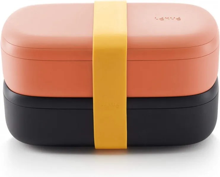 Set 2 recipiente pentru alimente Lekue On The Go 1010221, 2x500 ml, Inchidere ermetica, Compartiment tacamuri, Supapa pentru cuptorul cu microunde, Coral/Negru