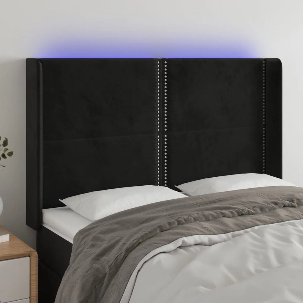 vidaXL Tăblie de pat cu LED, negru, 147x16x118/128 cm, catifea