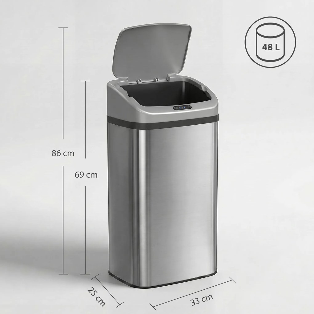 HOMCOM Coș de gunoi cu senzor 48L, închidere lentă, suprafață antiamprentă, din inox, argintiu | Aosom Romania