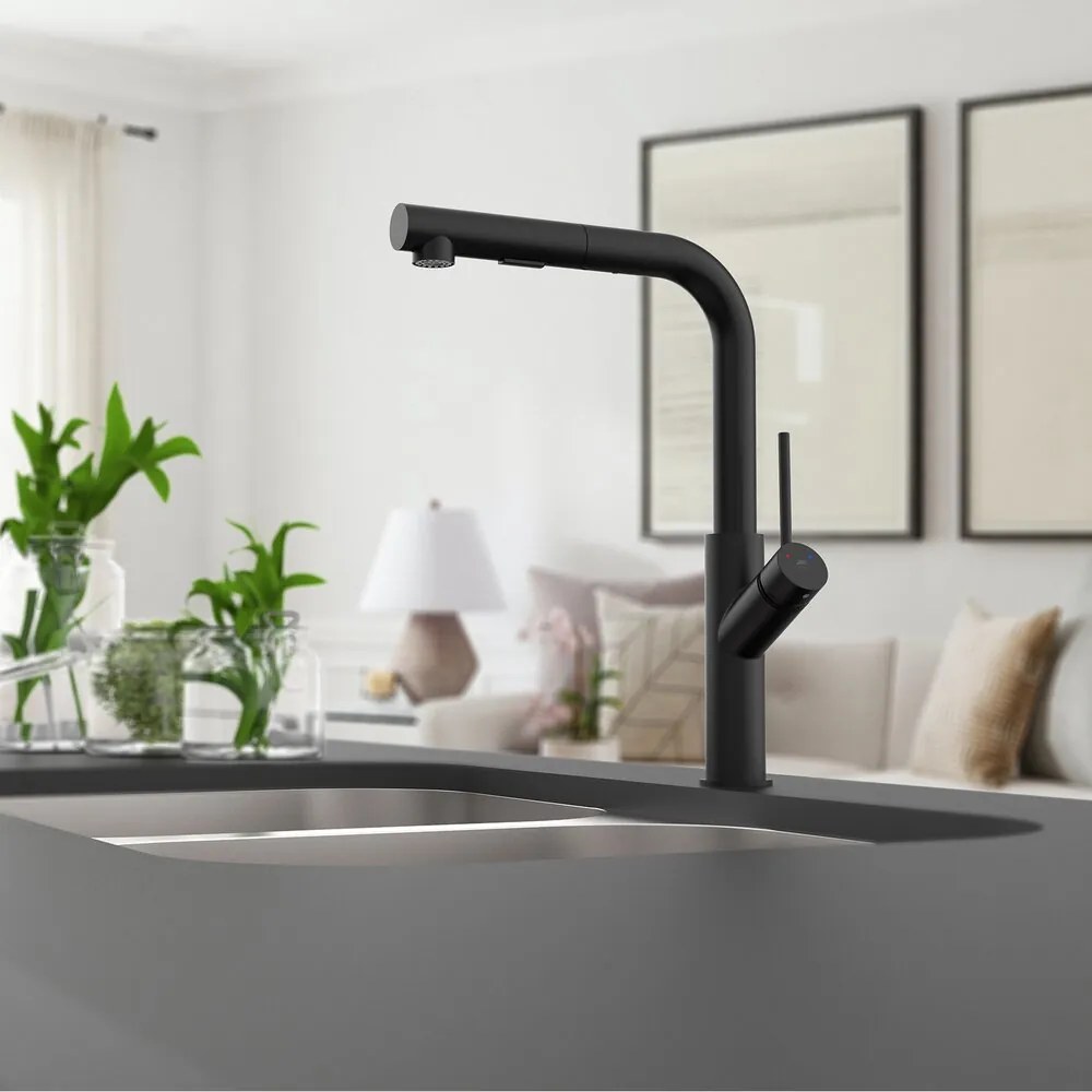 Baterie bucatarie cu dus extractibil Rubineta Bona finisaj negru mat 2 functii