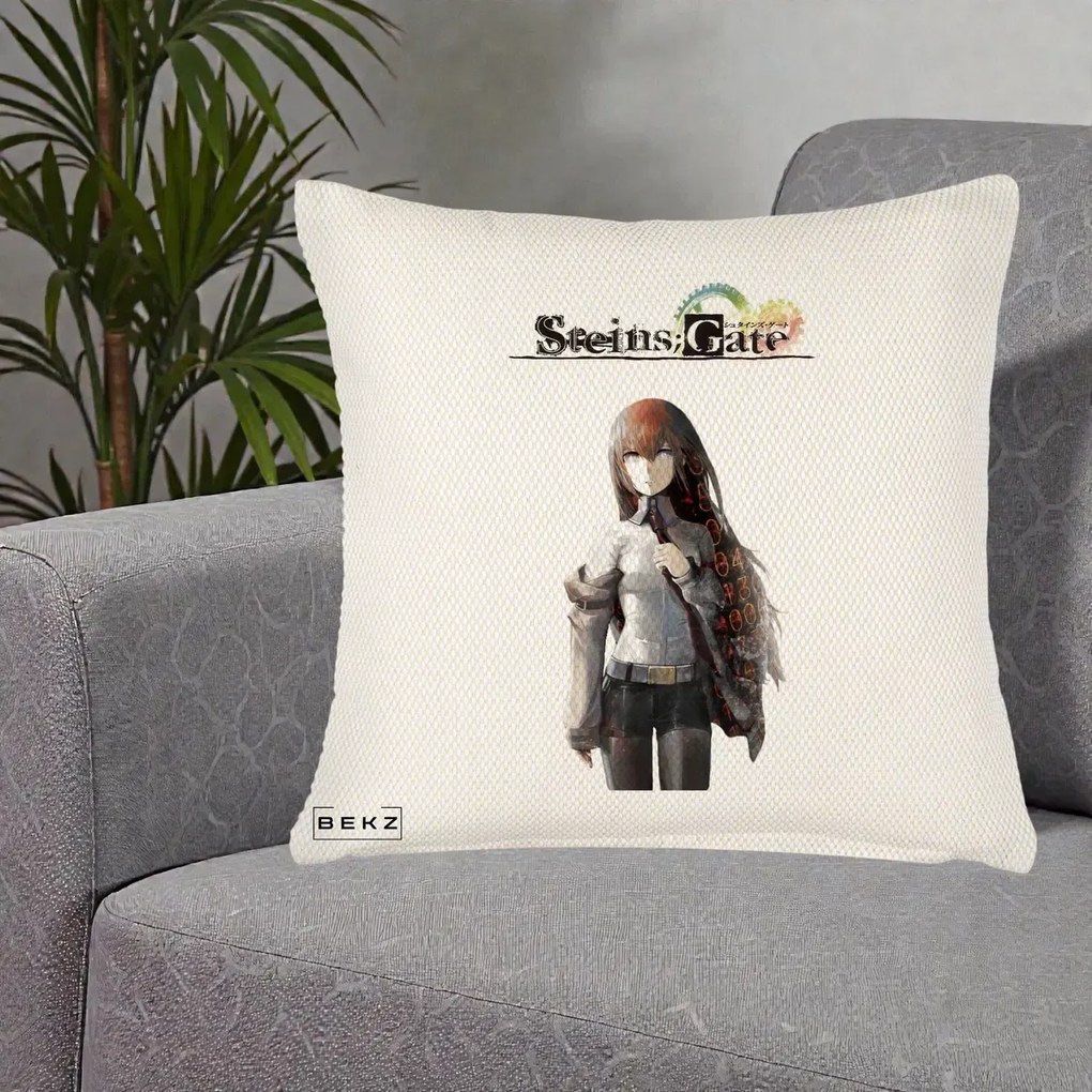 Perna Personalizata Steins Gate Kurisu Makise Anime, 40x40 cm, Crem Reliefat, Husa Detasabila, Perna Inclusa, BEKZ®
