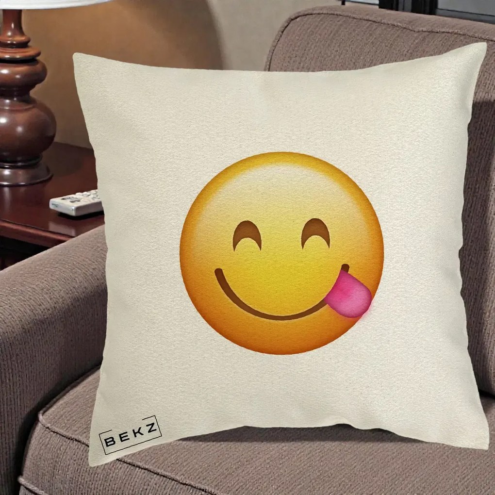 Perna Decorativa Emoji Limba Scoasa, 40x40 cm, Ecru, Husa Detasabila, Perna Inclusa, BEKZ®
