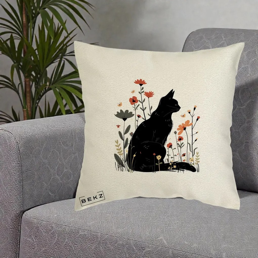 Perna Decorativa Pisica Neagra Profil Flori Portocalii, 40x40 cm, Ecru, Husa Detasabila, Perna Inclusa, BEKZ®