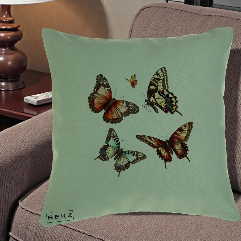 Perna Decorativa Colectie Fluturi Multicolori, 40x40 cm, Verde, Husa Detasabila, Perna Inclusa, BEKZ®